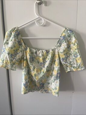 Abercrombie & Fitch Yellow, Blue & Green Floral Puff-Sleeve Crop Top